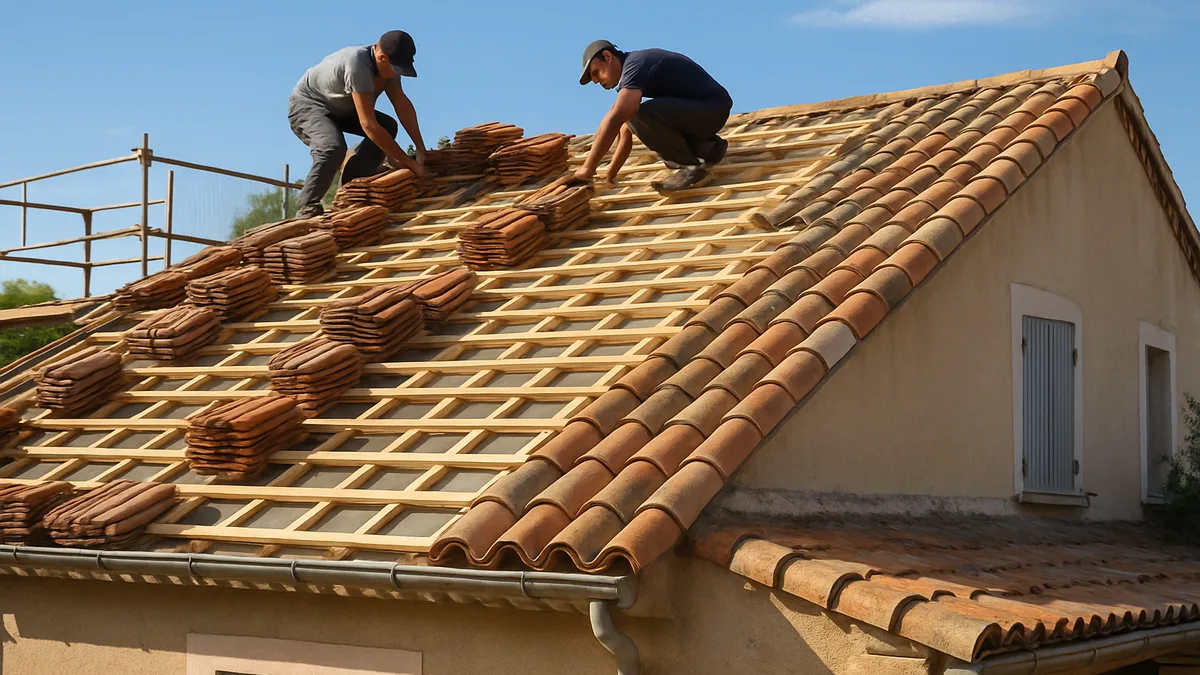 Rénovation de toiture à Montpellier avec des artisans travaillant sur le toit.