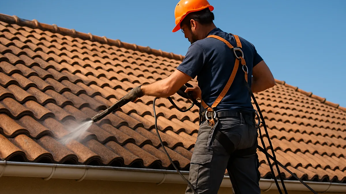Artisan nettoyant une toiture en tuiles à Montpellier avec équipement de sécurité