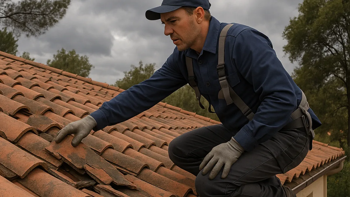 Couvreur inspectant une toiture dans l'Hérault après une tempête, mettant en avant l'expertise locale