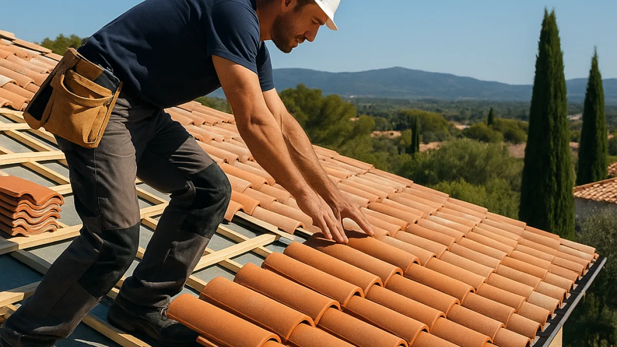 Couvreur professionnel installant une toiture en tuiles sur une maison dans l'Hérault, avec vue sur le paysage méditerranéen.