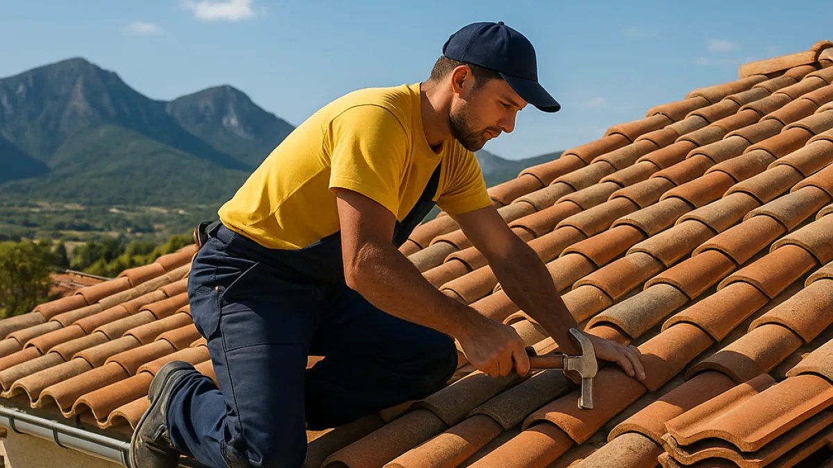 Couvreur professionnel travaillant sur une toiture dans l'Hérault, avec une vue sur Montpellier.